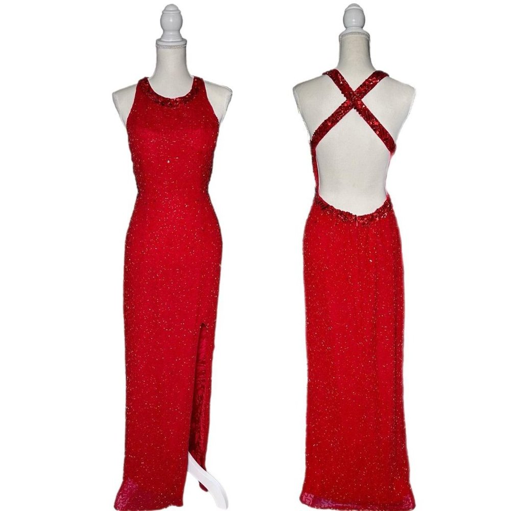 Vintage 90’s 100% Silk Red Beaded Evening Gown Prom Dress By Sean Collection